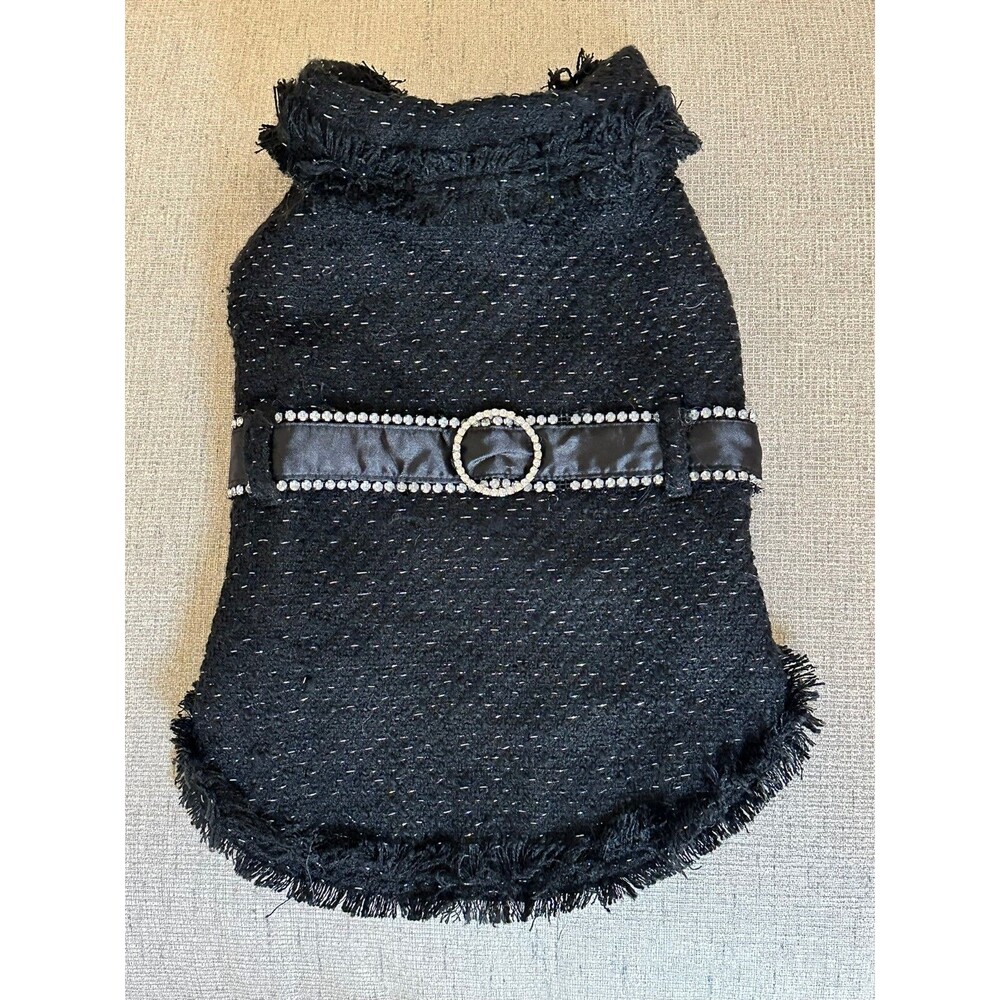 Dog Sparkly Jacket with Bling Belt Dress Costume Outfit Pet Fashion Black Sz M